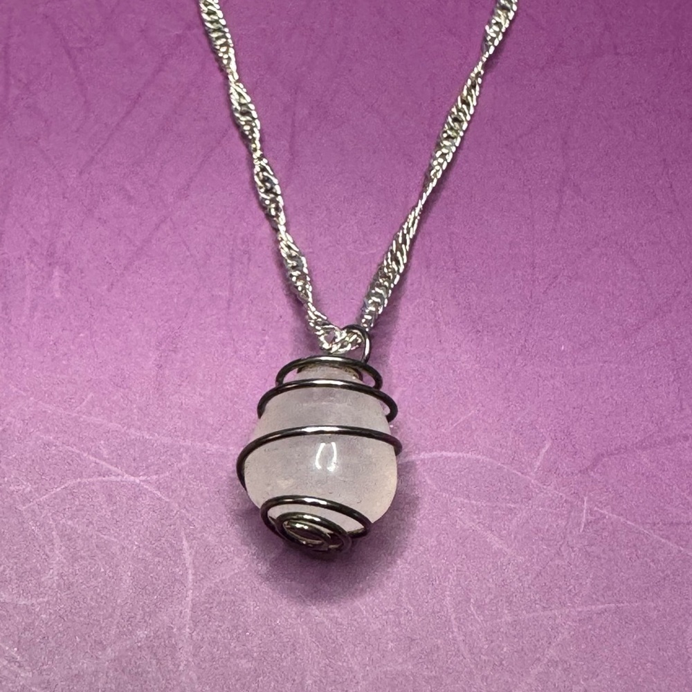 Rose Quartz Necklace Wrapped in Sterling Silver on a Sterling Silver Chain - Picture 3 of 4